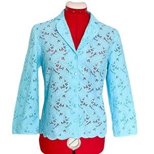 Talbots Eyelet Lace Aqua Blue Collared Button Front Leaf Patten 3/4 Sleeve